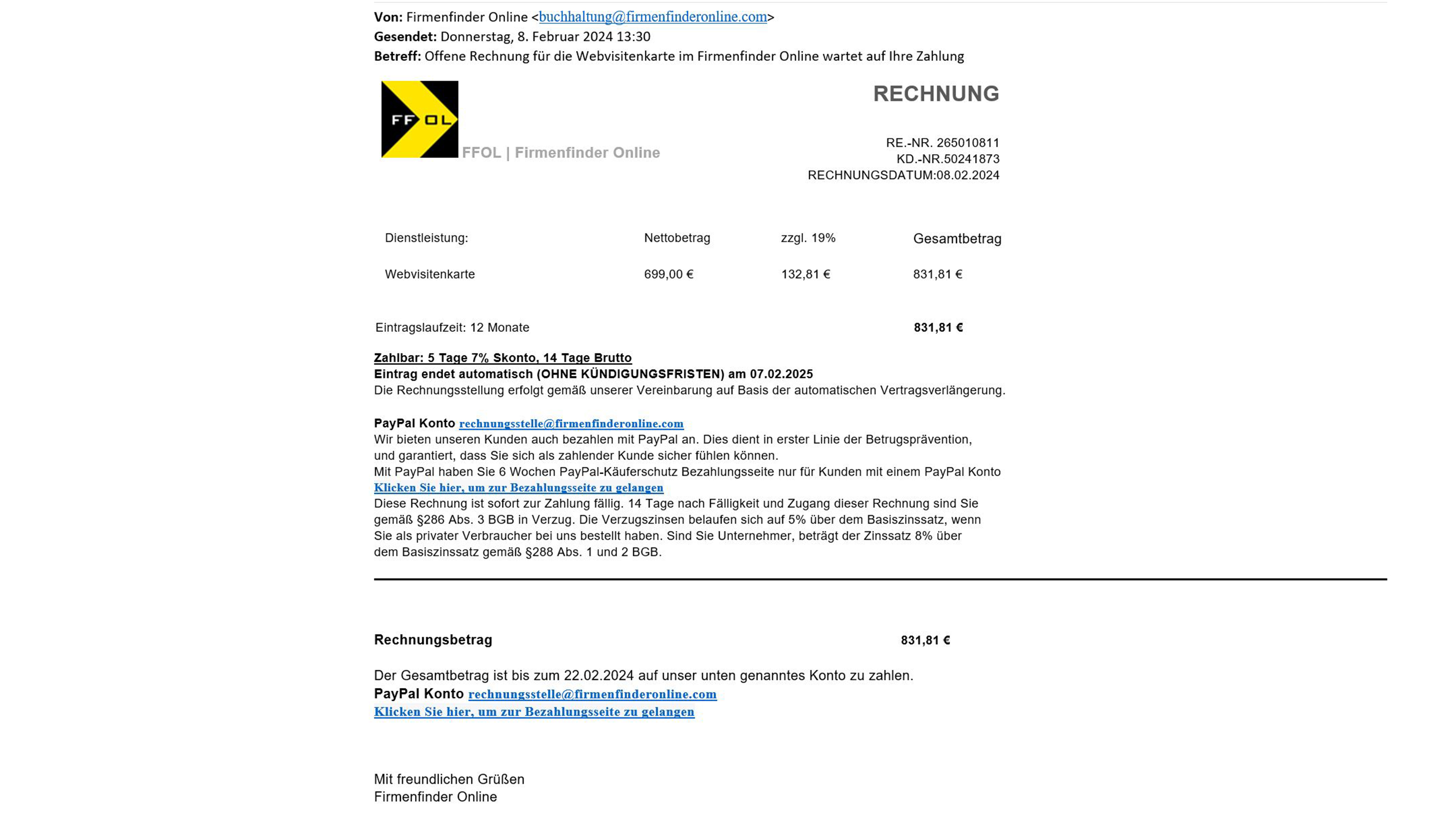 Screenshot einer Firmendfinder-Online-Betrugs-E-Mail: Rechnung mit Aufruf zum Zahlen der Firma FFOL Firmenfinder Online - Achtung Betrug