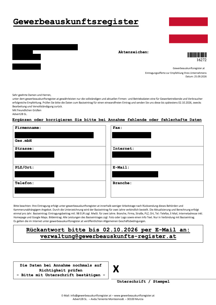 Screenshot eines vorausgef&uuml;llten Formulars f&uuml;r Unternehmen