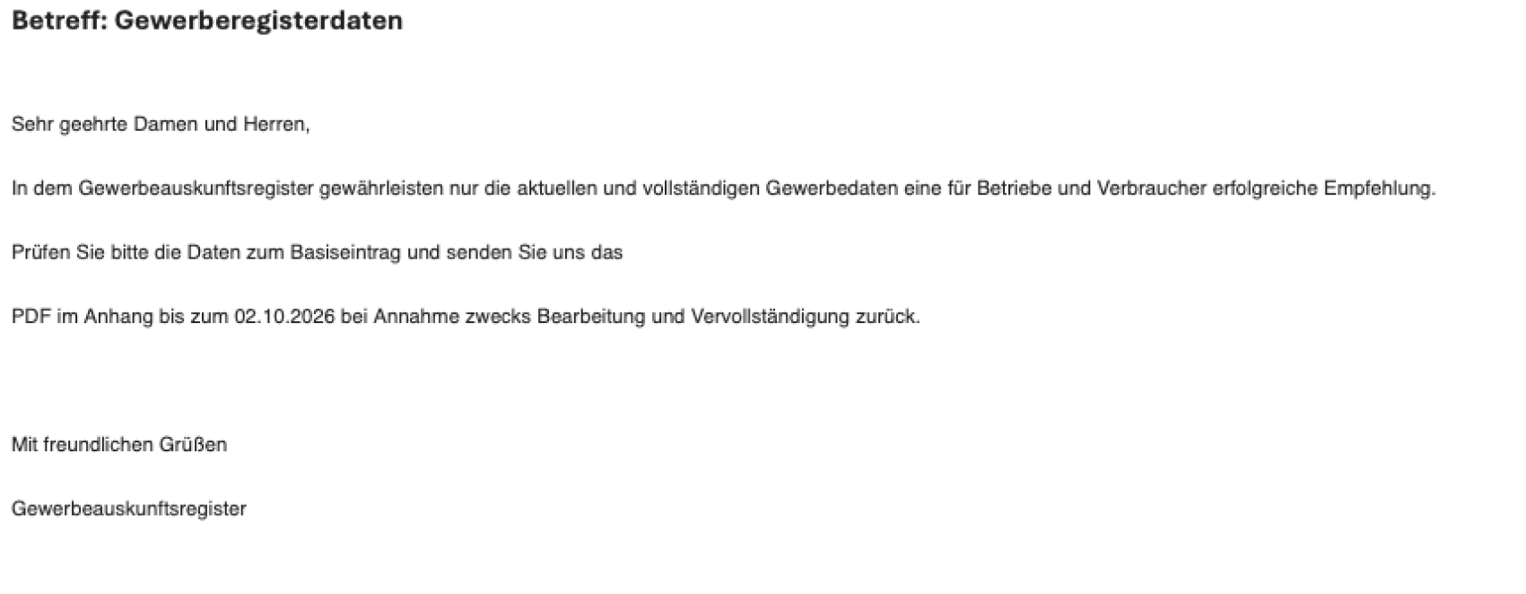 Screenshot eines E-Mails, Inhalt ist im Text am Seitenanfang beschrieben