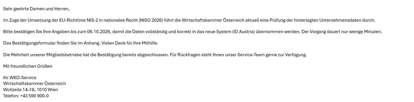 Muster der Phishing Mail. Ausf&uuml;hrliche Informationen befindet sich oberhalb