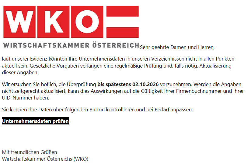 Muster der Phishingmeldung. Die Beschreibung befindet sich im Text oberhalb