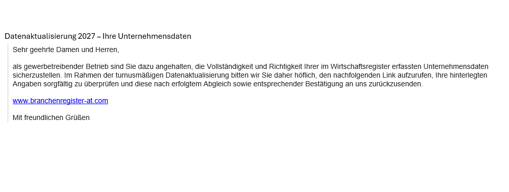 Muster der Phishing E-Mail, Informationen dazu befinden sich im Text oberhalb