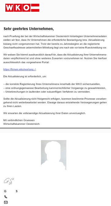 Muster der Phishing Mail, die Inhalte befinden sich oberhalb