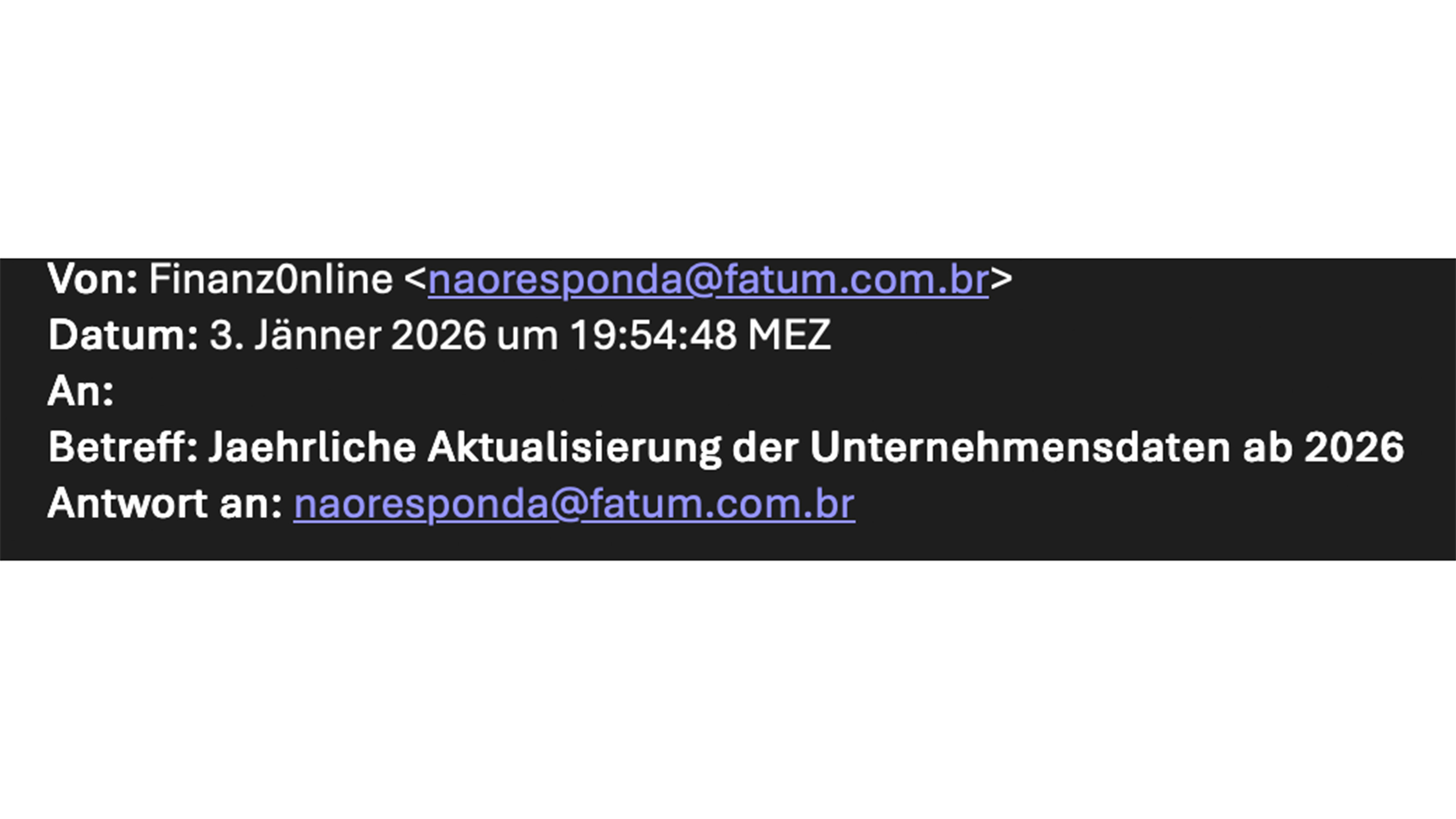 Screenshot des Absenders und Betreffs des betr&uuml;gerischen E-Mails im Namen von FinanzOnline