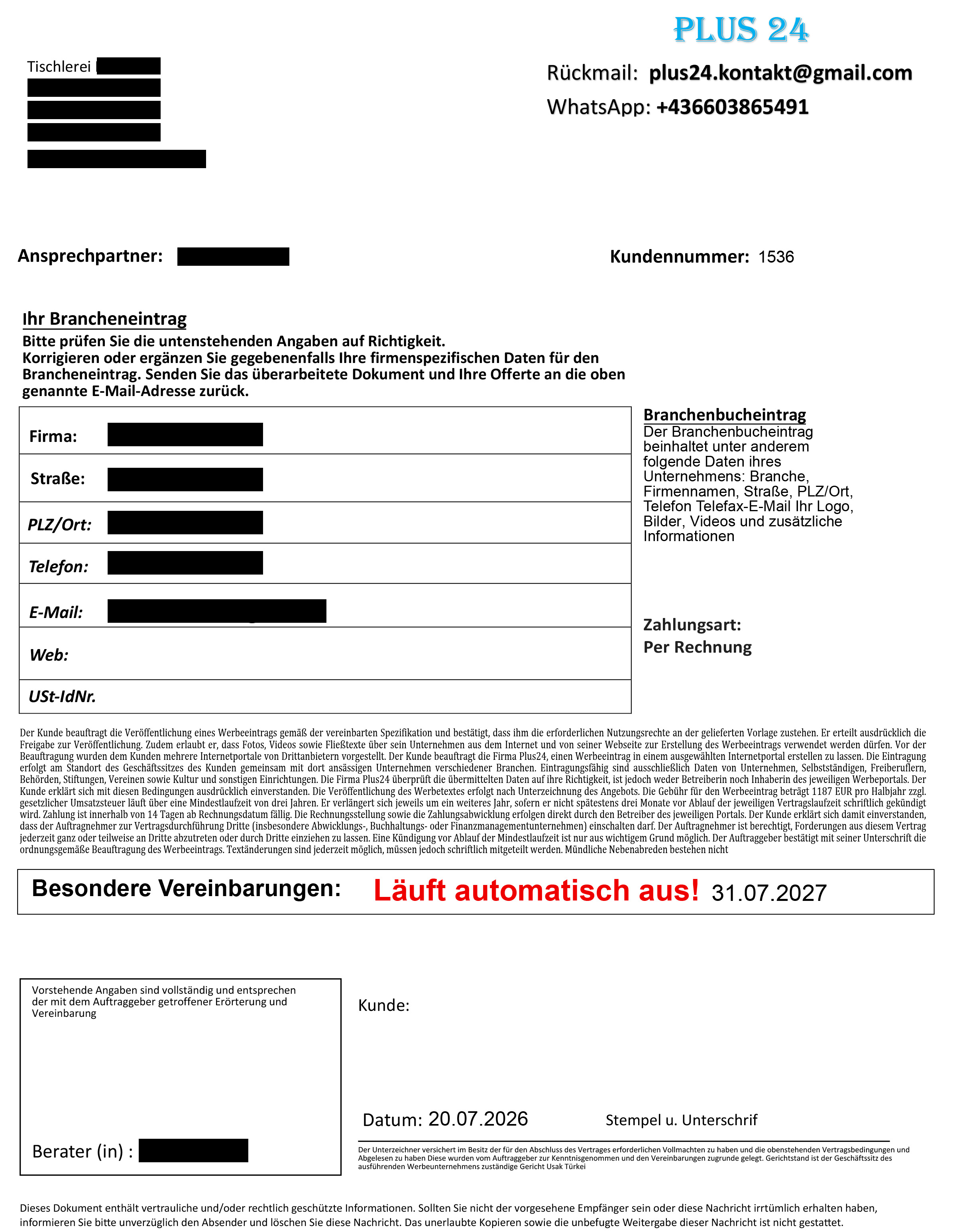 Screenshot eines Schreibens von Plus 24
