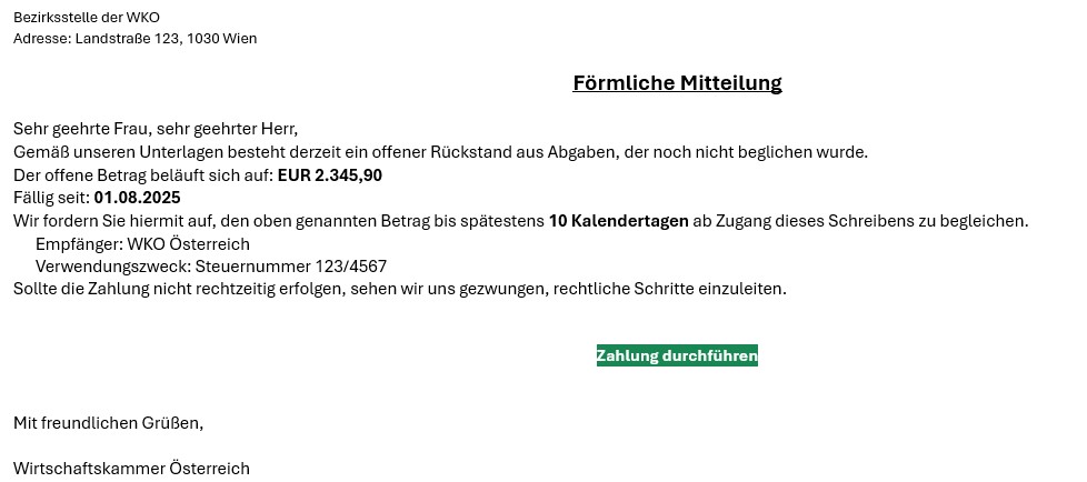 Muster der Phishing Mail. Details siehe oberhalb