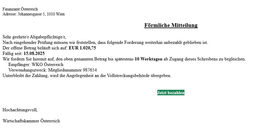 Muster der Betrugsmail. Alle Informationen sind oberhalb angegeben