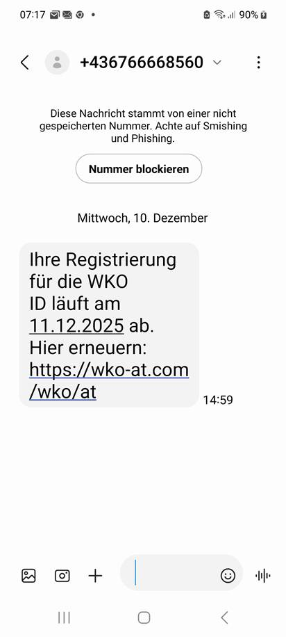 Screenshot einer SMS: WKO ID erneuern