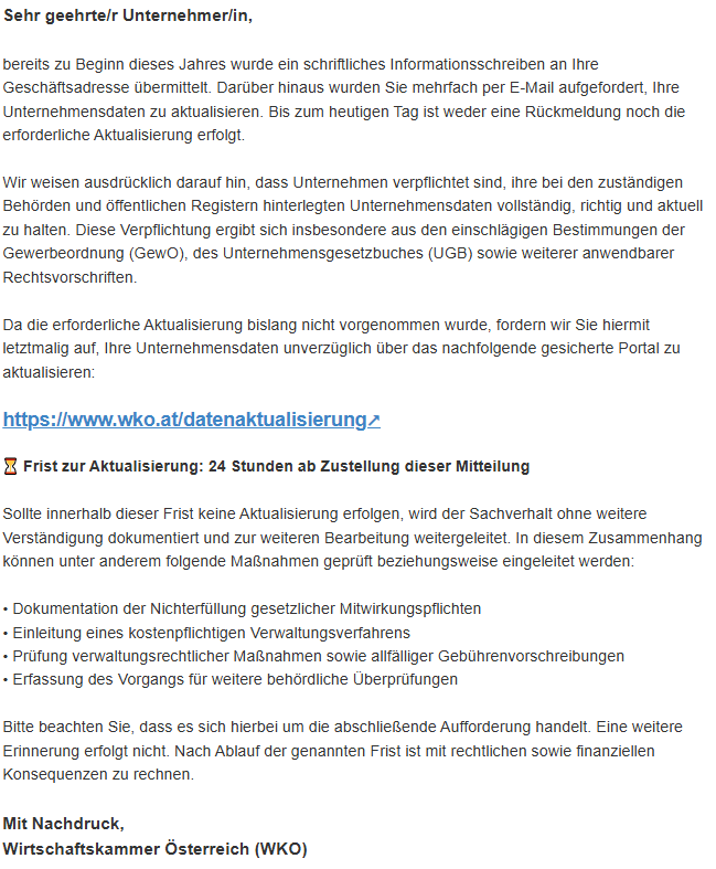 Betrugs-Mails im Namen der WK&Ouml;: Unternehmensdaten aktualisieren