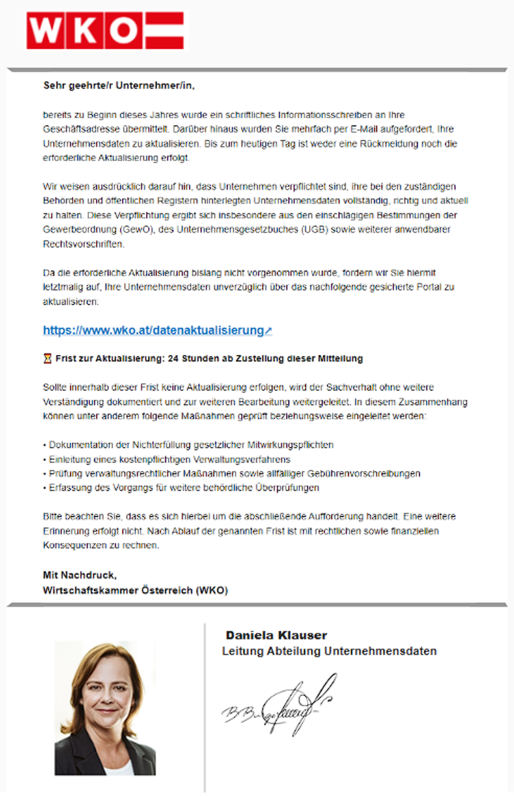 Betrugs-Mails im Namen der WK&Ouml;: Unternehmensdaten aktualisieren