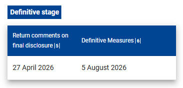 Aufnahme eines Ausschnitts eines Bildschirms, auf dem endg&uuml;ltige Phase, Kommentare zur finalen Offenlegung am 27. April 2026 und endg&uuml;ltige Ma&szlig;nahmen am 5. August 2026