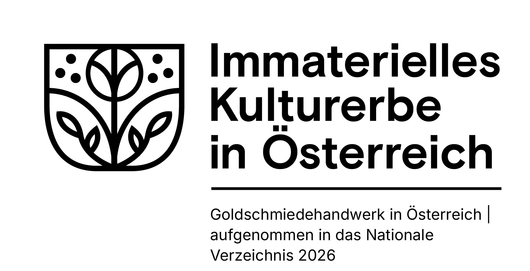 Logo &bdquo;Immaterielles Kulturerbe in &Ouml;sterreich&ldquo; mit Hinweis: Goldschmiedehandwerk in &Ouml;sterreich, 2026 ins nationale Verzeichnis aufgenommen
