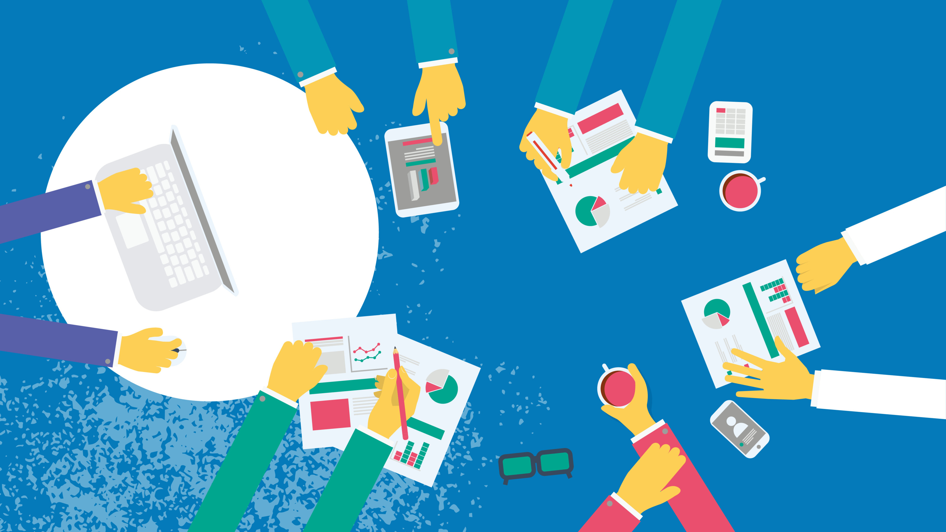 Illustration zahlreicher Hände mit verschiedenen Arbeitsutensilien ringsum