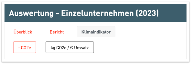 Screenshot des Klimaportals zum Bereich Auswertung - Einzelunternehmen (2023) mit den Navigationspunkten &Uuml;berblick, Bericht und Klimaindikator, darunter Buttons mit t CO2e und kg CO2e/Euro Umsatz
