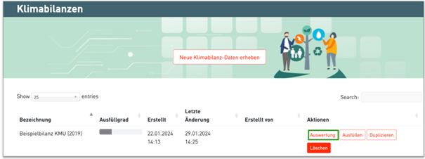 Screenshot des Bereichs Klimabilanzen am Klimaportal mit Illustration zum Thema Nachhaltigkeit: Zwei Personen stehen auf Kugel mit Pfeilen neben Baum mit Symbolen zu Umwelt, auf gr&uuml;nem Hintergrund mit wei&szlig;en Quadraten und Linien