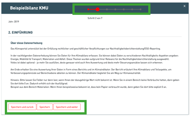 Screenshot des Klimaportal zu Beispielbilanz KNU mit der Jahresangabe 2019 und Flie&szlig;text zu 2. Einf&uuml;hrung &uuml;ber diese Datenerhebung