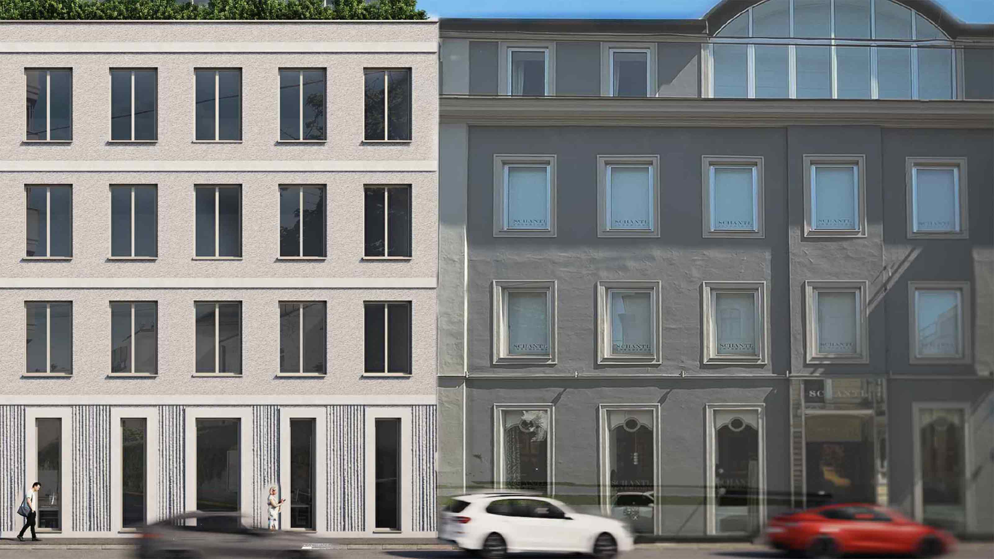 Ansicht des Neubaus (links im Bild) aus Richtung Dametzstra&szlig;e.