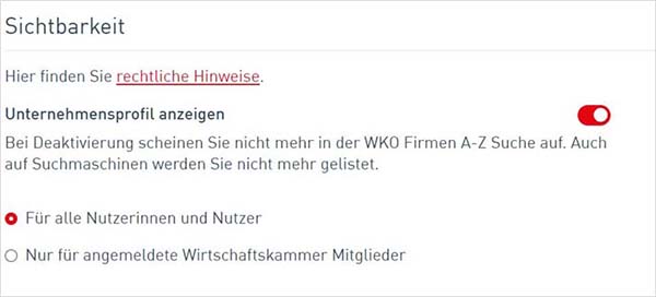 Screenshot der Eingabemaske zur Ein- oder Ausblendung am WKO Firmen A-Z