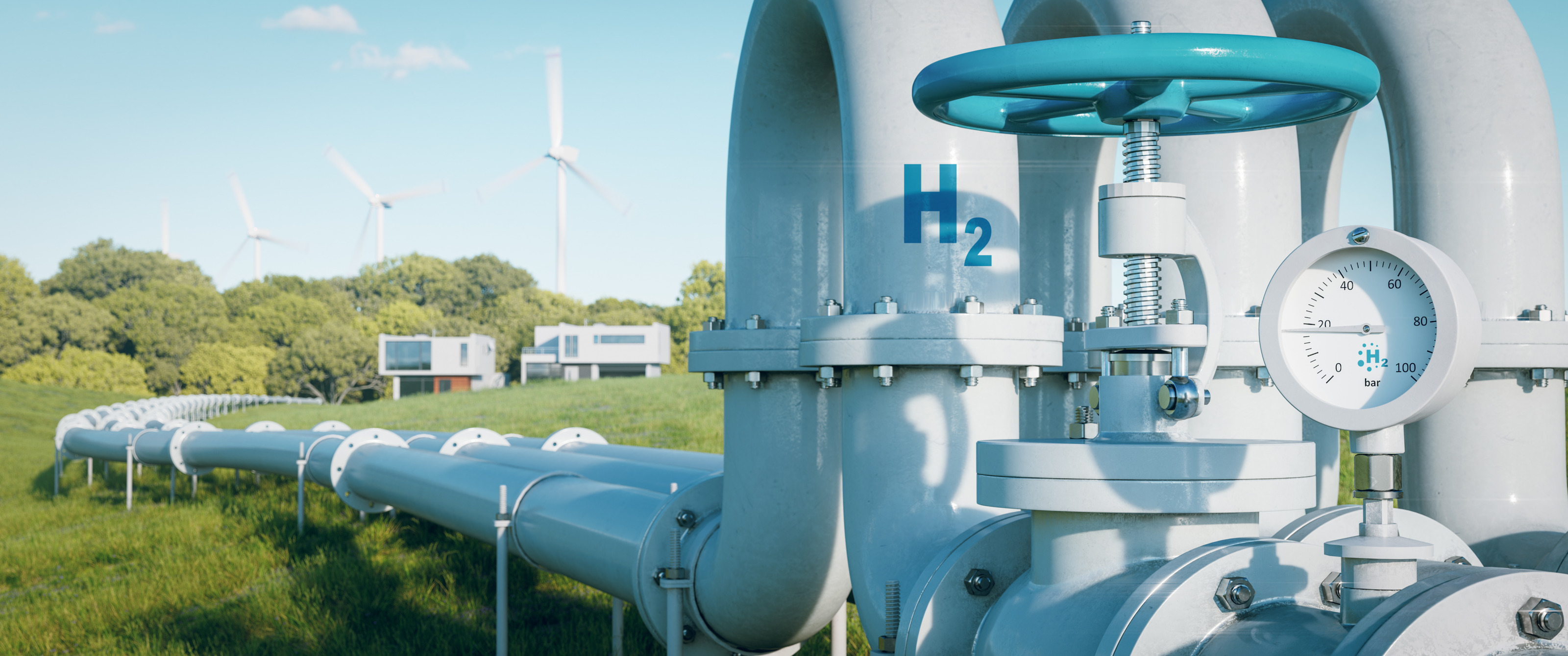 Das Bild zeigt eine Wasserstoff-Pipeline, die durch eine gr&uuml;ne Landschaft verl&auml;uft. Auf der Pipeline ist ein chemisches Symbol "H2" und ein Manometer zu sehen. Im Hintergrund sind Windkraftanlagen und moderne Geb&auml;ude.