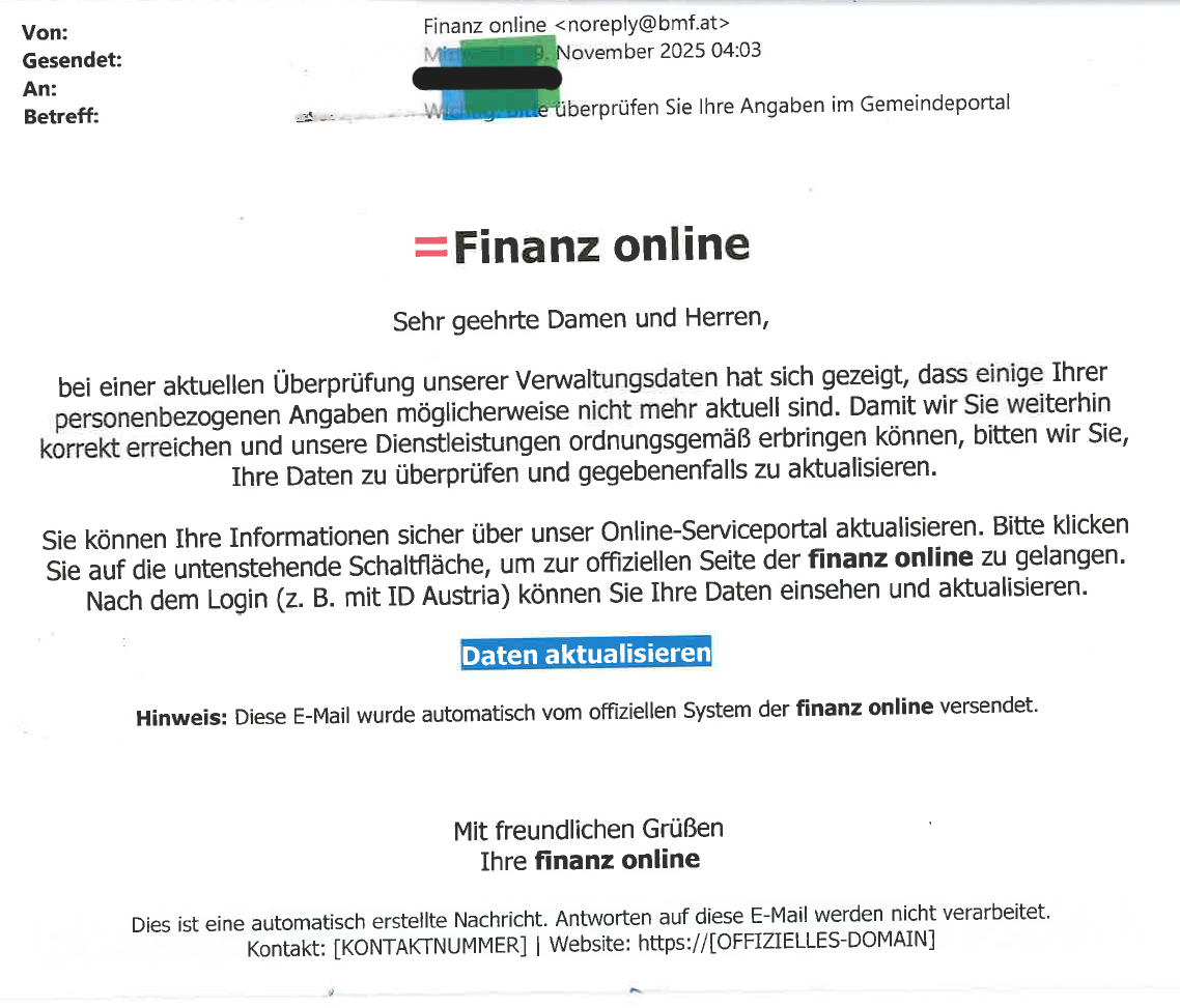 Auszug der Phishing mail. Der Inhalt ist oberhalb aufgelistet