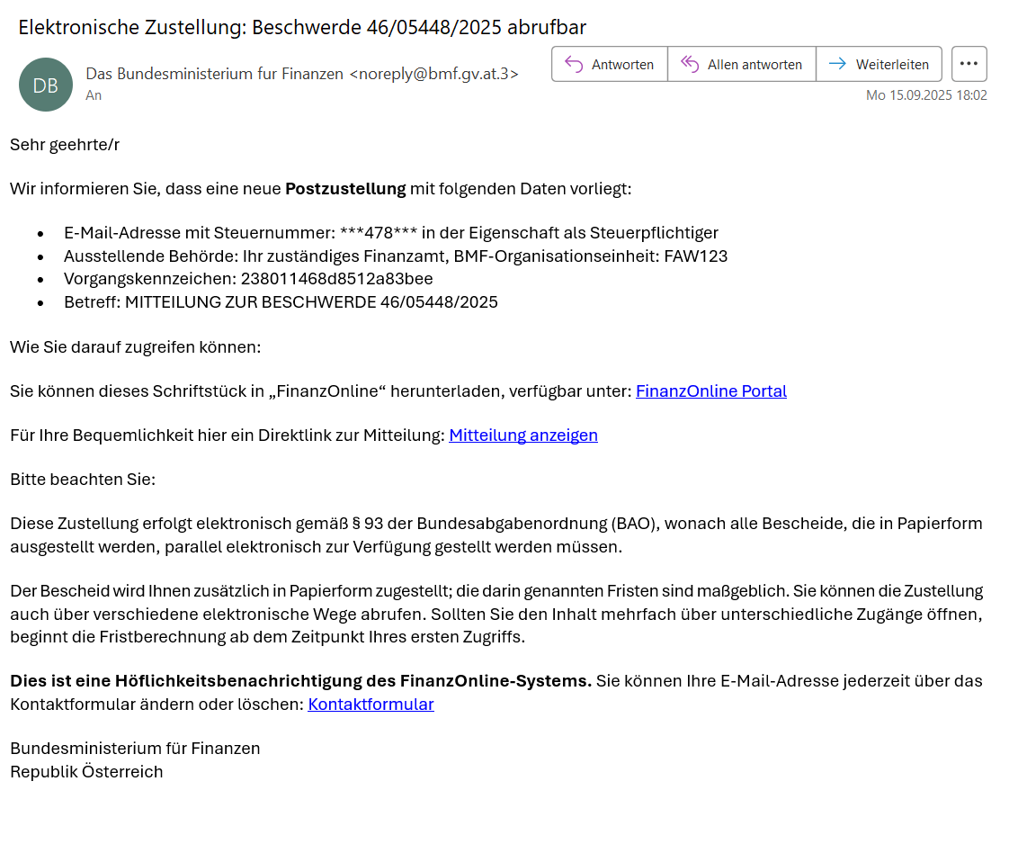 Screenshot einer Phising-Mail