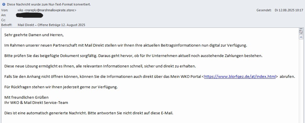 Muster der Betrugsmeldung. Inhalt siehe Informationen dr&uuml;ber
