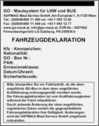 Screenshot einer Textpassage zur Fahrzeugdeklaration f&uuml;r GO-Mautsystem f&uuml;r LKW und Bus mit unterschiedlichen Kennwerten gelistet wie KFZ-Kennzeichen, Nationalit&auml;t und weiteres