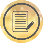Rundes Symbol mit goldenem Hintergrund: In der Mitte ist ein stilisiertes Blatt Papier mit mehreren Textzeilen zu sehen, daneben ein Stift &ndash; steht f&uuml;r Schreiben oder einen Buchtipp verfassen.