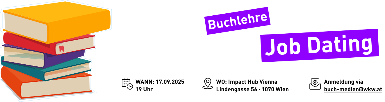 Banner mit gestapelten Büchern und dem Schriftzug "Gönn dir deine Buchlehre. Komm zum Job Dating"