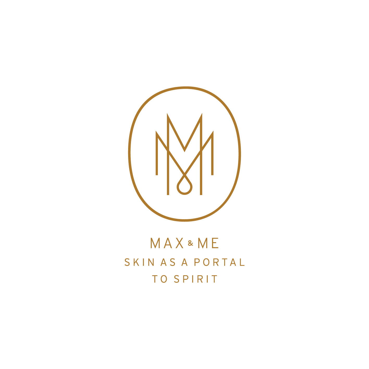 Auf weißem Hintergrund ist ein Logo aus zwei goldenen Buchstaben, die sich teilweise überlappen in einem Kreis. Darunter steht Max und ich, Haut als ein Portal zum Geist