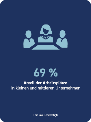 69 % Anteil der Arbeitspl&auml;tze in kleinen und mittleren Unternehmen 1 bis 249 Besch&auml;ftigte
