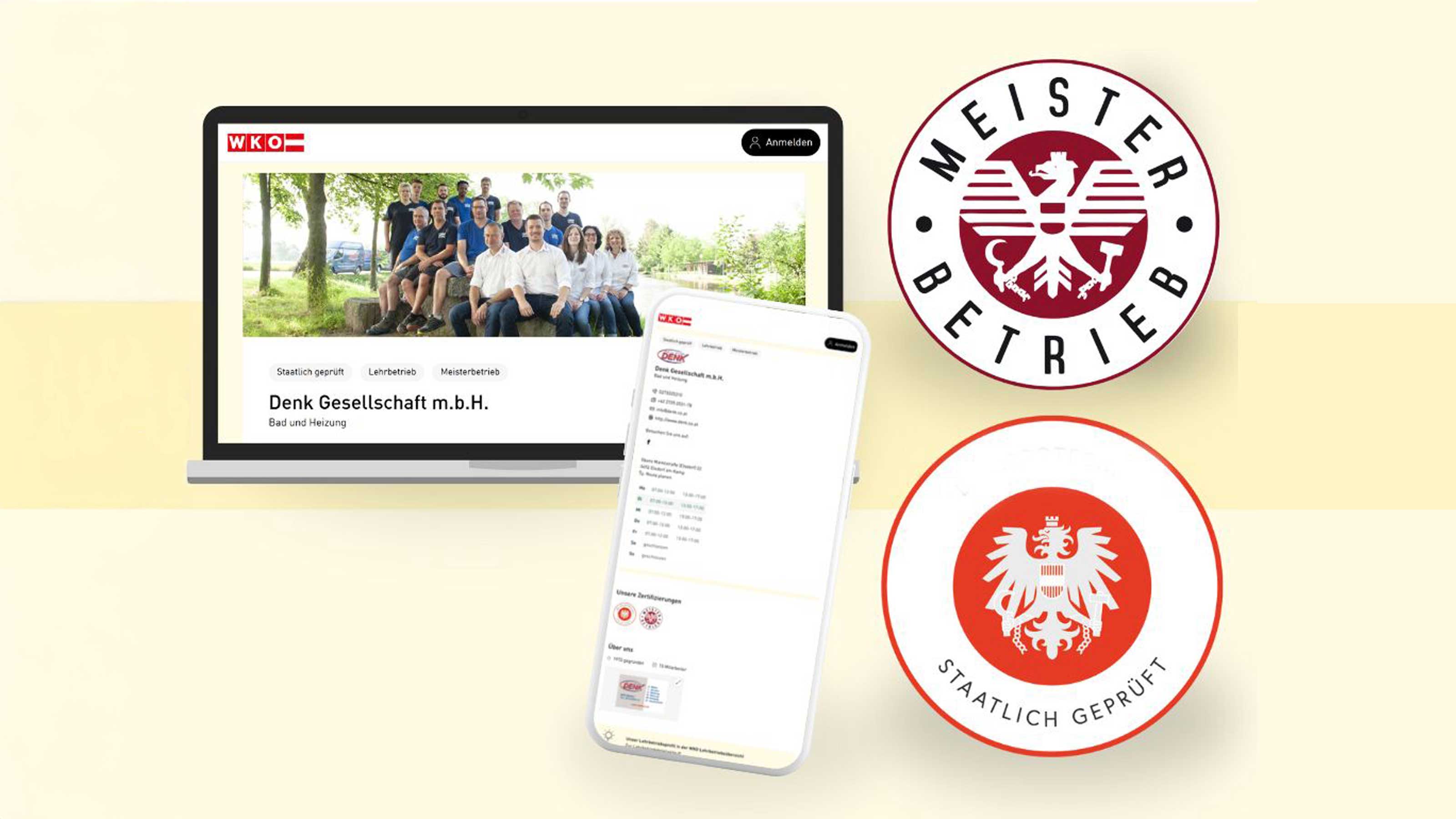 Laptop und Smartphone mit dem WKO Firmen A-Z auf den Displays und die Logos der G&uuml;tesiegel Meisterbetrieb und staatlich gepr&uuml;ft