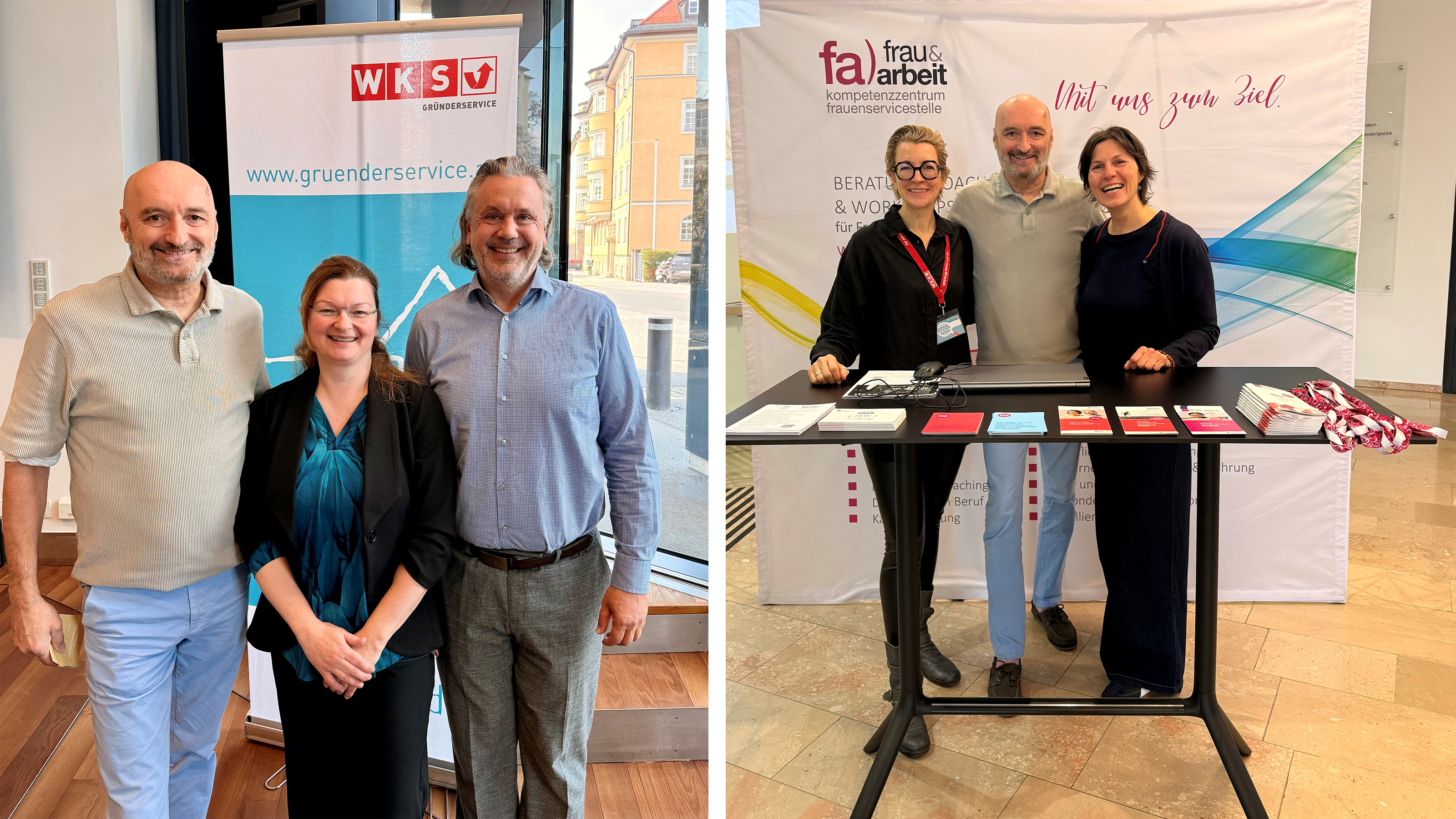 Vortragende und Teilnehmende im Rahmen der Veranstaltung: Mag. Peter Kober und Mag. Ingrid Brunnauer mit Teilnehmer Mario Johann Mischelin (Bild 1) sowie Barbara Strasser, Mag. Peter Kober und Brigitte Karl vom Frau&Arbeit-Infostand (Bild 2).
