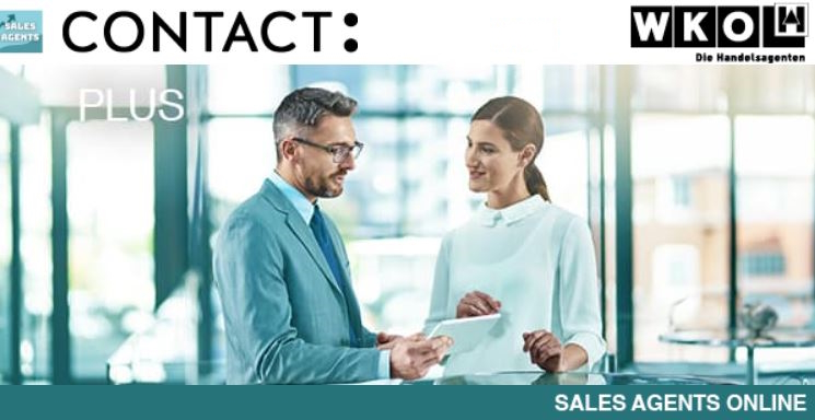 Newsletter-Sujet der Handelsagenten - zwei stehende Personen, eine davon mit einem Tablet in der Hand