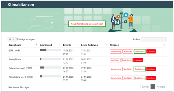 Screenshot des Bereichs Klimabilanzen am Klimaportal mit Illustration: um Thema Nachhaltigkeit: Zwei Personen stehen auf Kugel mit Pfeilen neben Baum mit Symbolen zu Umwelt, auf gr&uuml;nem Hintergrund mit wei&szlig;en Quadraten und Linien