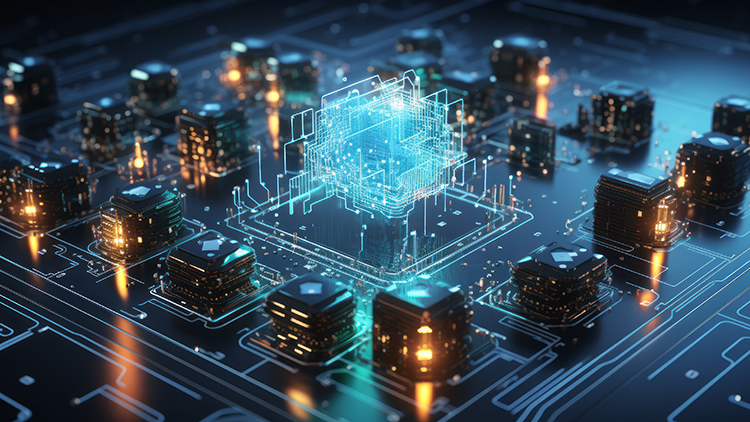 KI-generiertes Bild einer dunklen an ein paar Stellen leuchtenden Computerplatine mit hellblauleuchtender Datenwolke in der Mitte