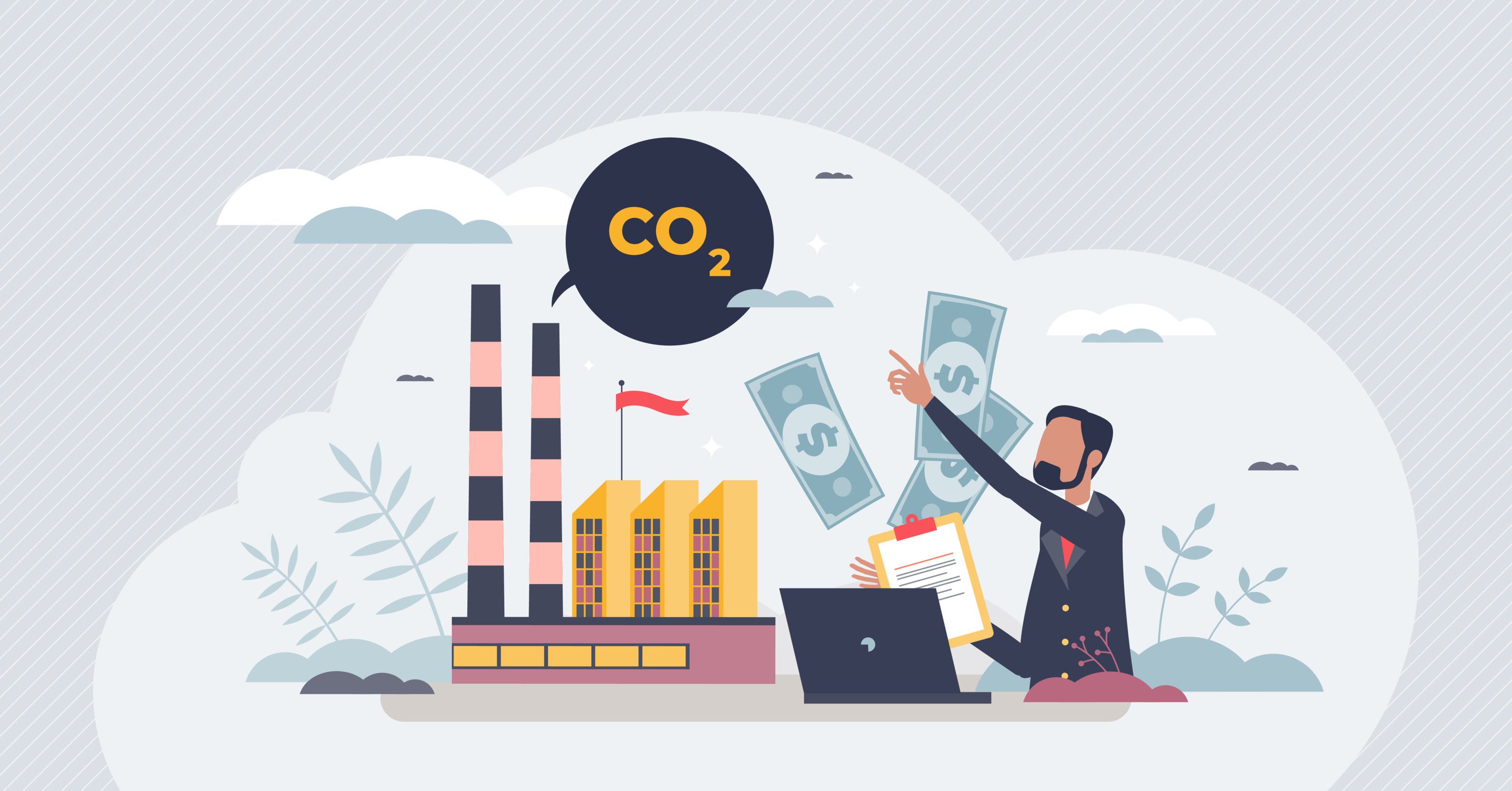 Illustration einer Person, die auf Sprechblase mit Schriftzug CO2 deutet, die &uuml;ber  Industriegeb&auml;ude schwebt, vor der Person aufgeklapptes Notebook, Clipboard und ringsum Dollar-Geldscheine