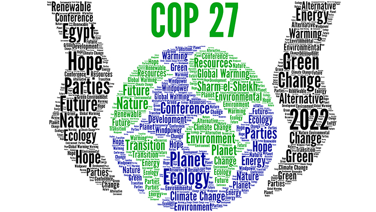 Illustration aus verschiedenen W&ouml;rtern collagiert: H&auml;nde Erdkugel umfassend, dar&uuml;ber Schriftzug Cop27