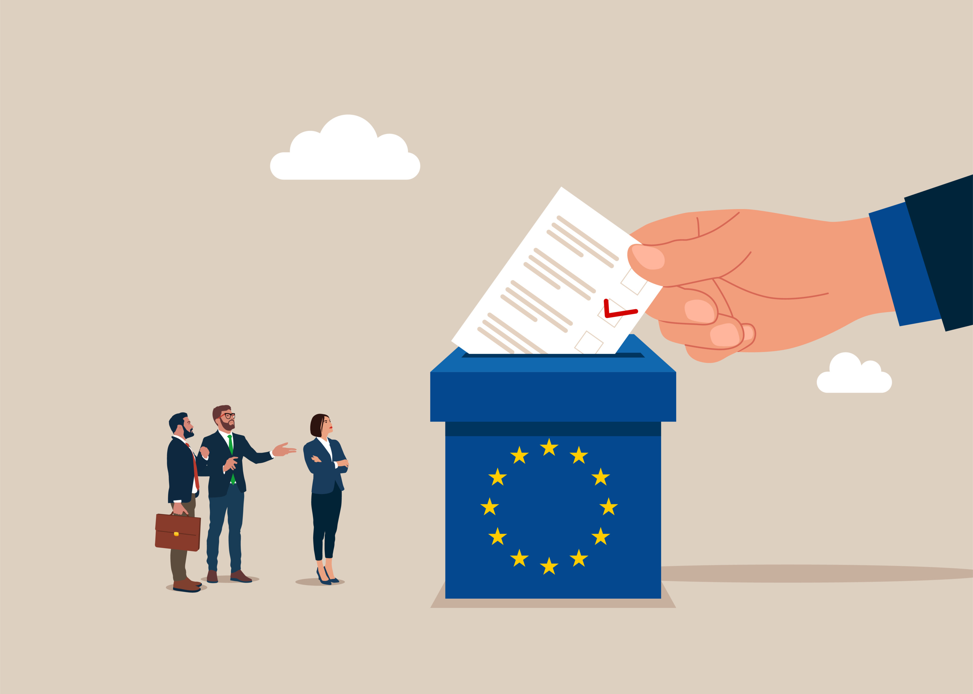 Illustration zur Europawahl: Drei Personen stehen vor gro&szlig;e blaue Urne mit im Kreis verlaufenden blauen Sternen in die Hand einen Zettel mit rotem Haken wirft