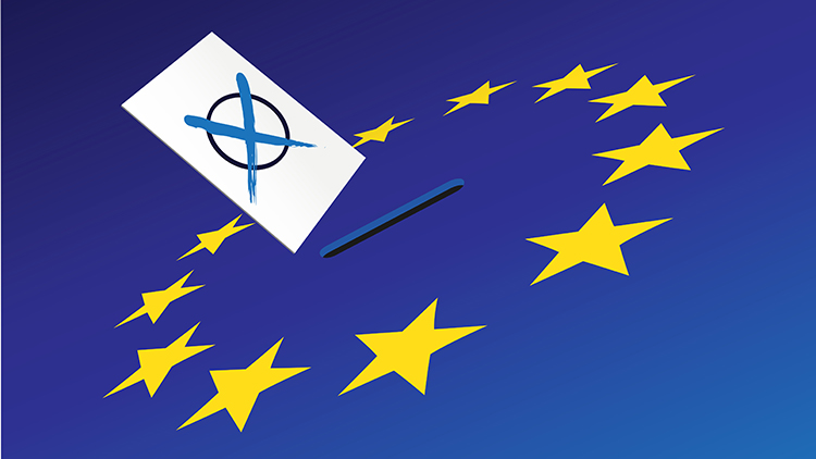 Illustration: Gelbe Sterne in Kreisanordnung auf dunkelblauem Hintergrund, in der Mitte Schlitz, dar&uuml;ber Zettel mit blauem X in schwarzem Kreis