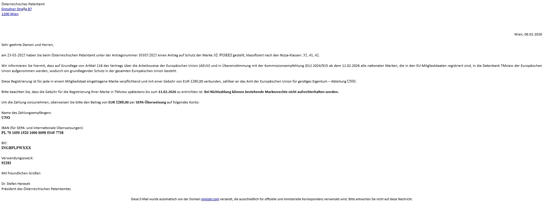 Muster der Phishing-Mail, Informationen befinden sich oberhalb