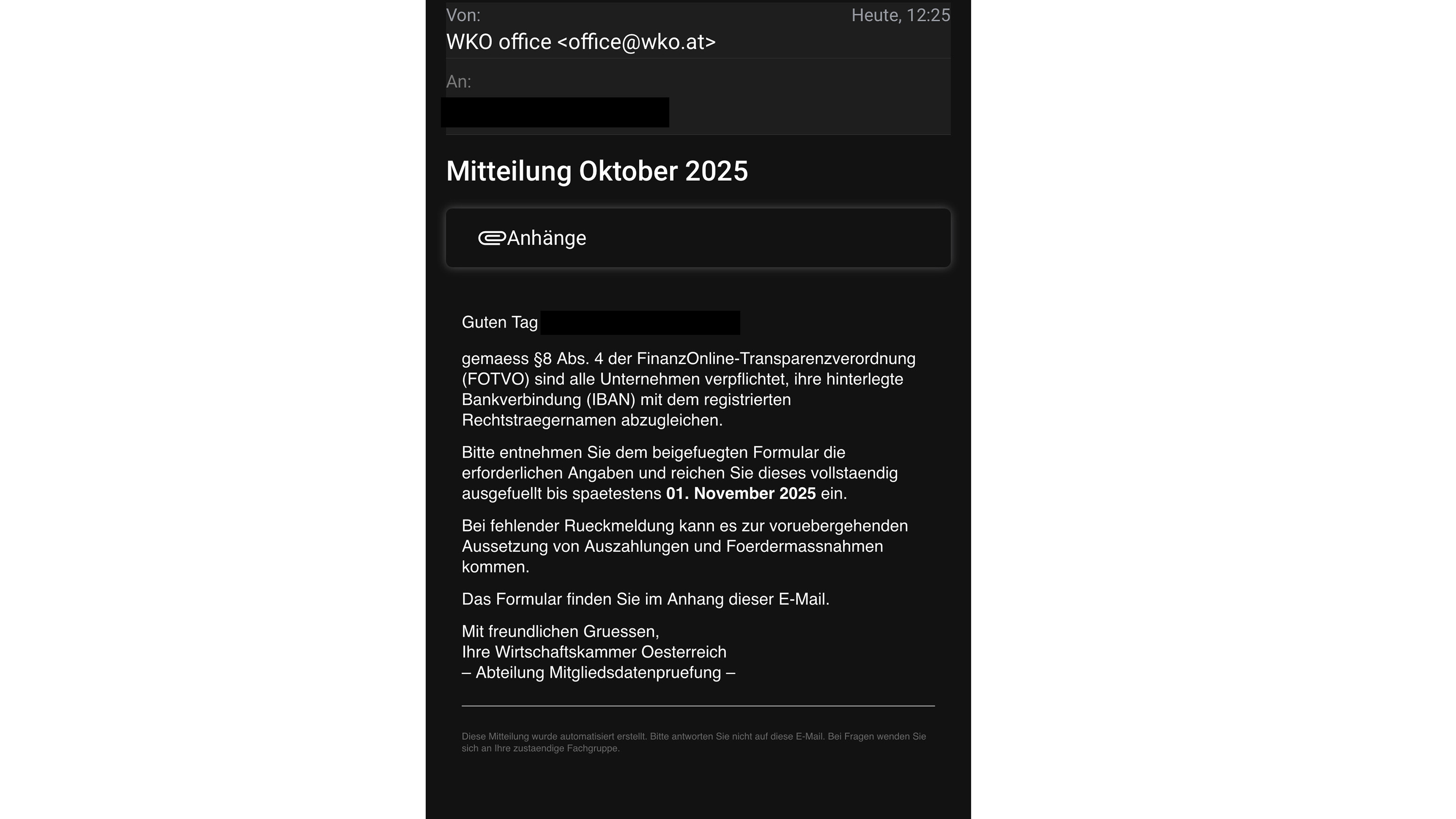 Screenshot einer betr&uuml;gerischen E-Mail mit der Aufforderung IBAN-Daten einzugeben, keinesfalls Link anklicken oder antworten