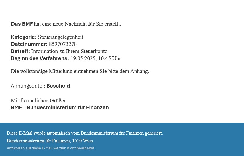 Auszug aus der Phishingmail, Infos befinden sich oberhalb