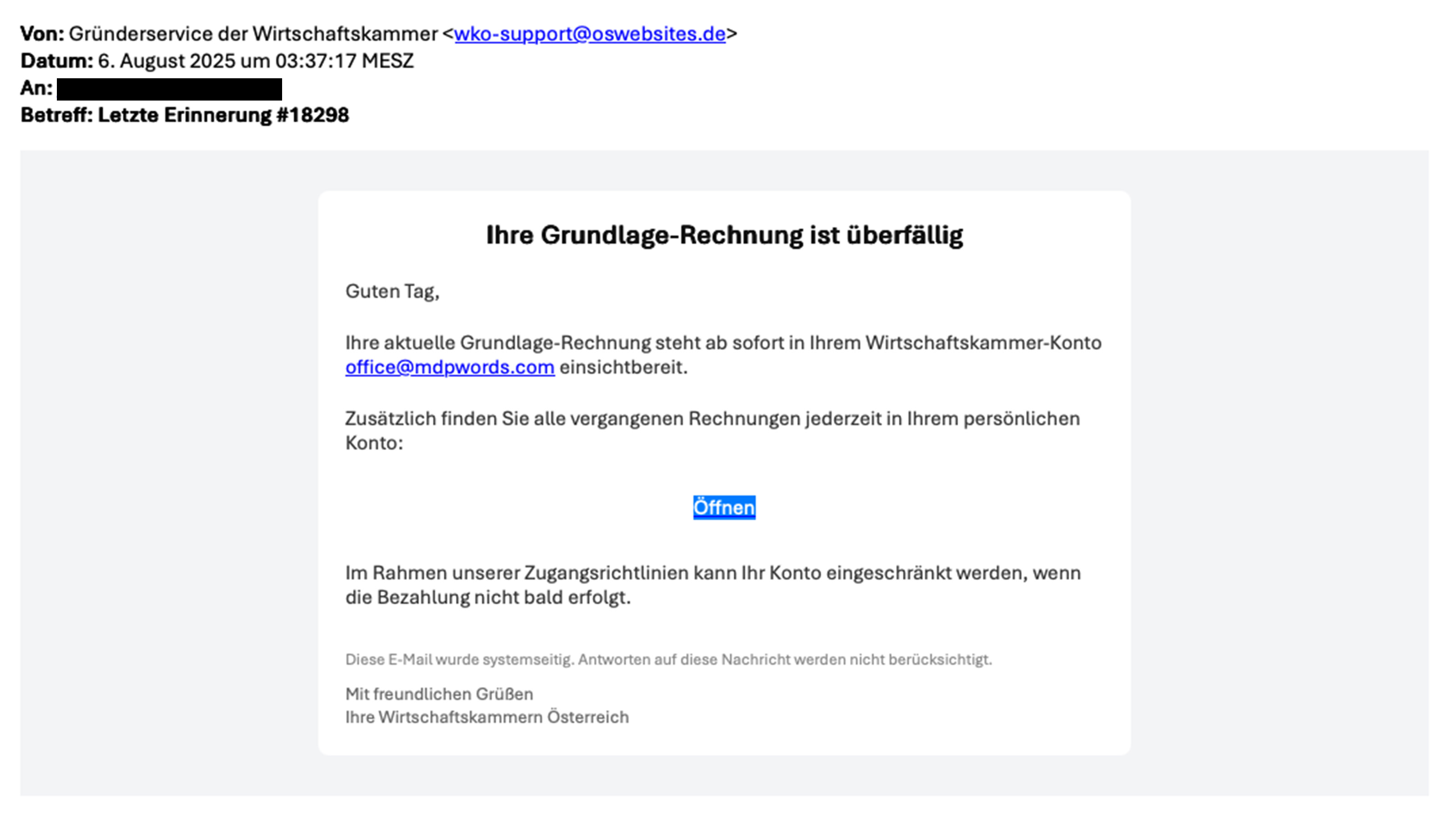 Screenshot eines betr&uuml;gerischen Phishingsmails mit der Aufforderung, die Grundlage-Rechnung zu bezahlen