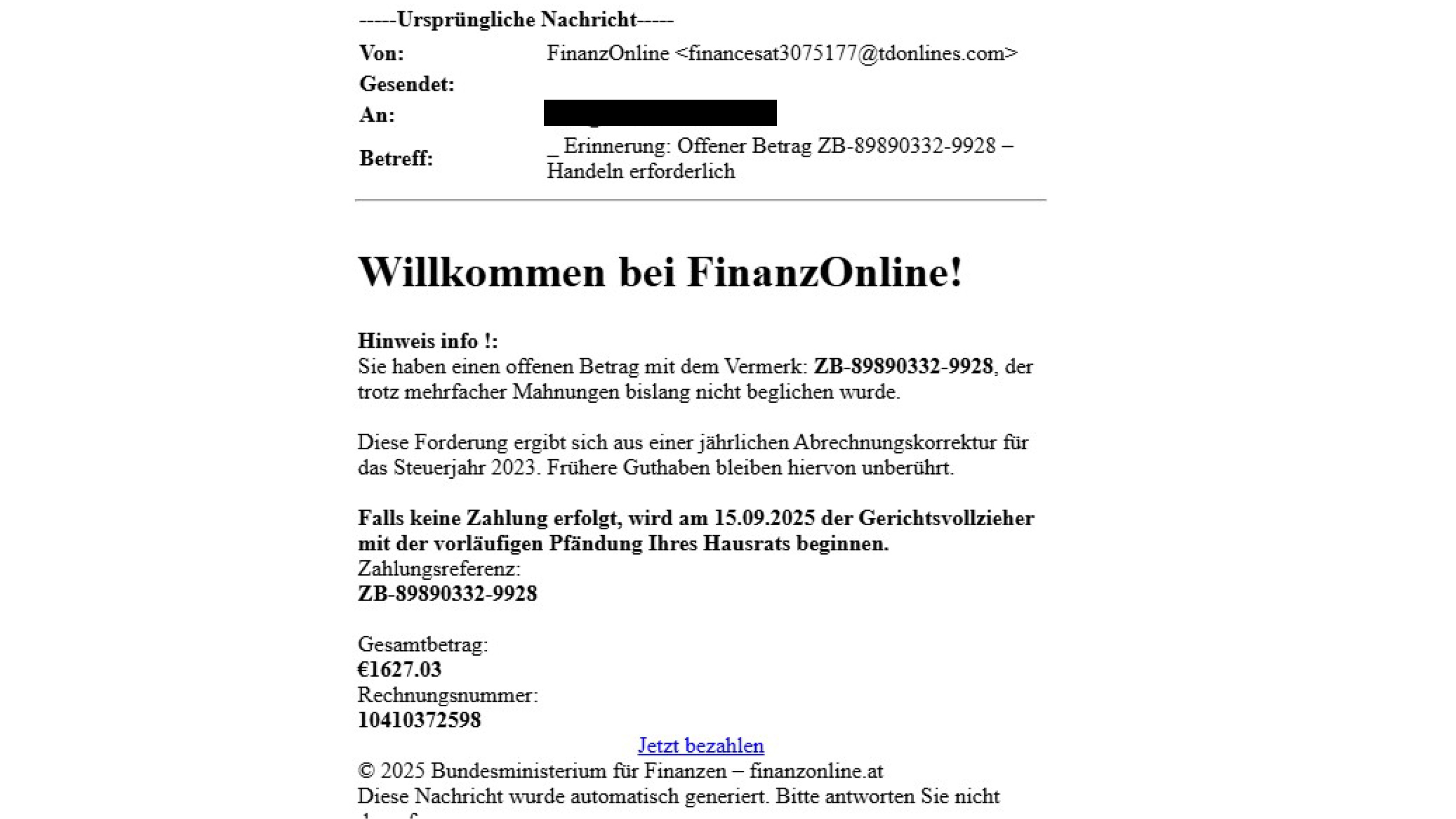 Beispiel f&uuml;r ein betr&uuml;gerisches E-Mail vermeintlich von FinanzOnline mit Zahlungsaufforderung