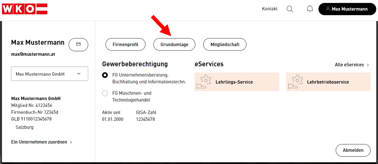 WKO.at UserArea mit Hinweis auf das Grundumlagen eService