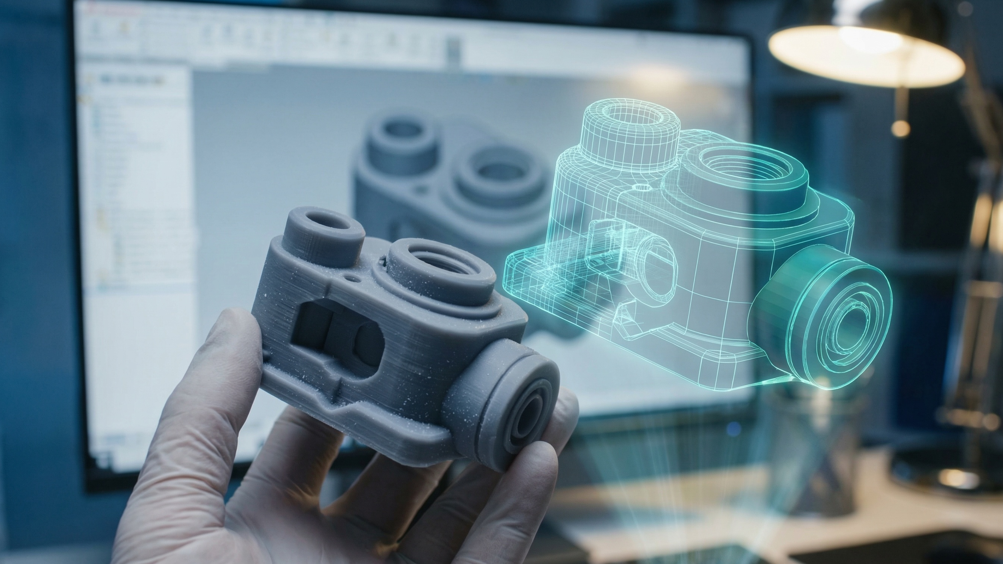 Behandschuhte Hand h&auml;lt ein graues 3D-gedrucktes Bauteil neben dessen leuchtendem digitalen Drahtgittermodell vor einem CAD-Bildschirm.