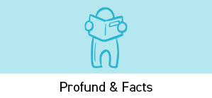 Illustration einer Person mit VR-Brille auf hellblauem Hintergrund, darunter der Titel &bdquo;Profund & Facts&ldquo;.