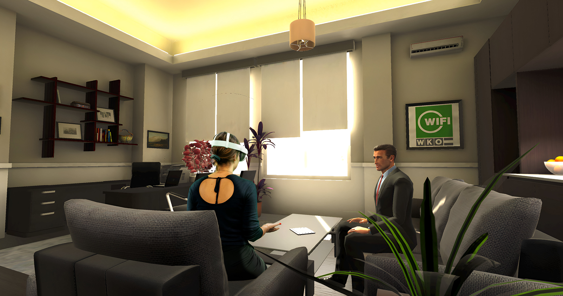 Mann und Frau sitzen einander gegen&uuml;ber und &uuml;ben Verkaufsgespr&auml;che mittels virtual reality