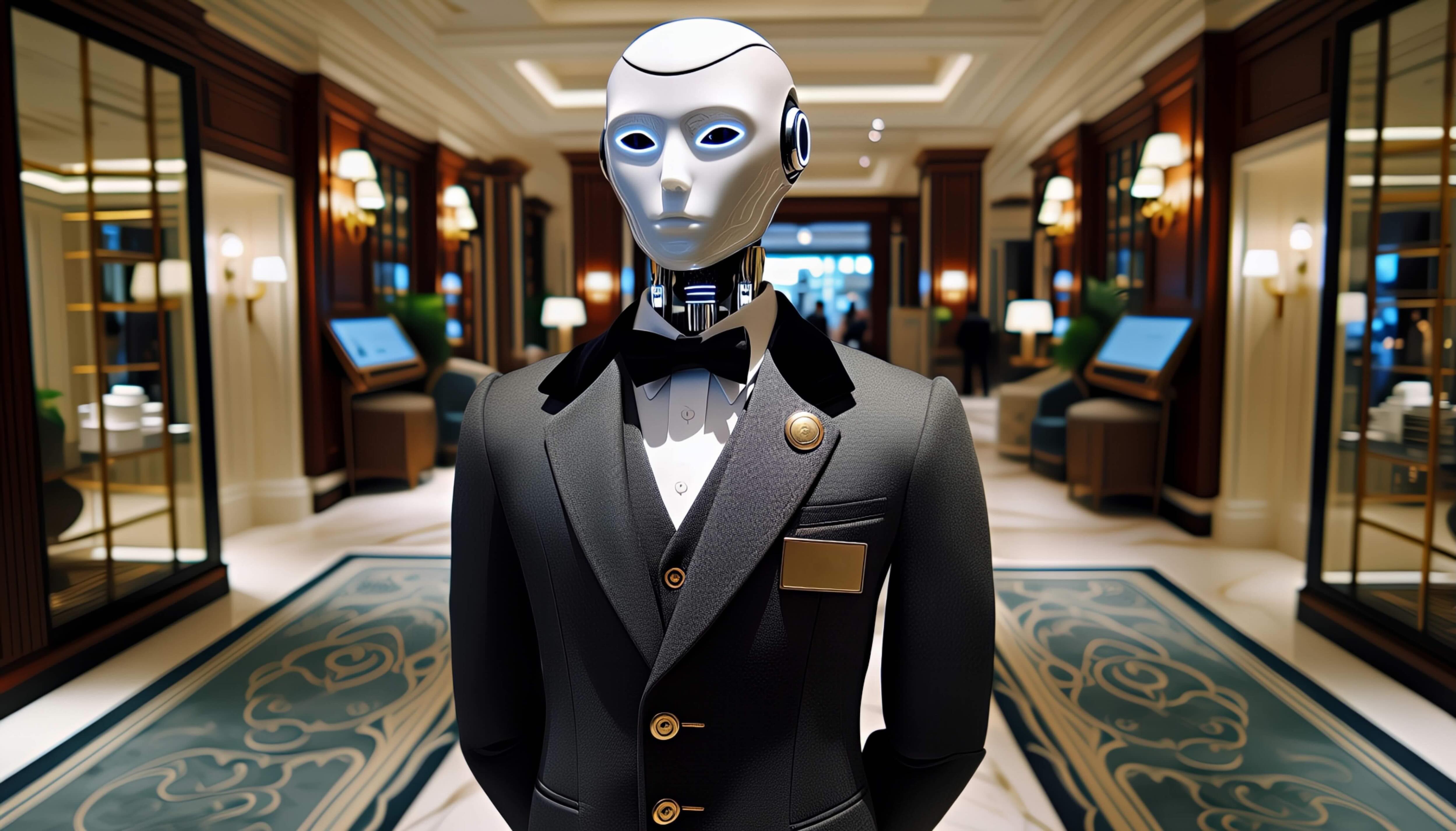 Ein futuristischer Roboter-Concierge in einer luxuri&ouml;sen Hotellobby
